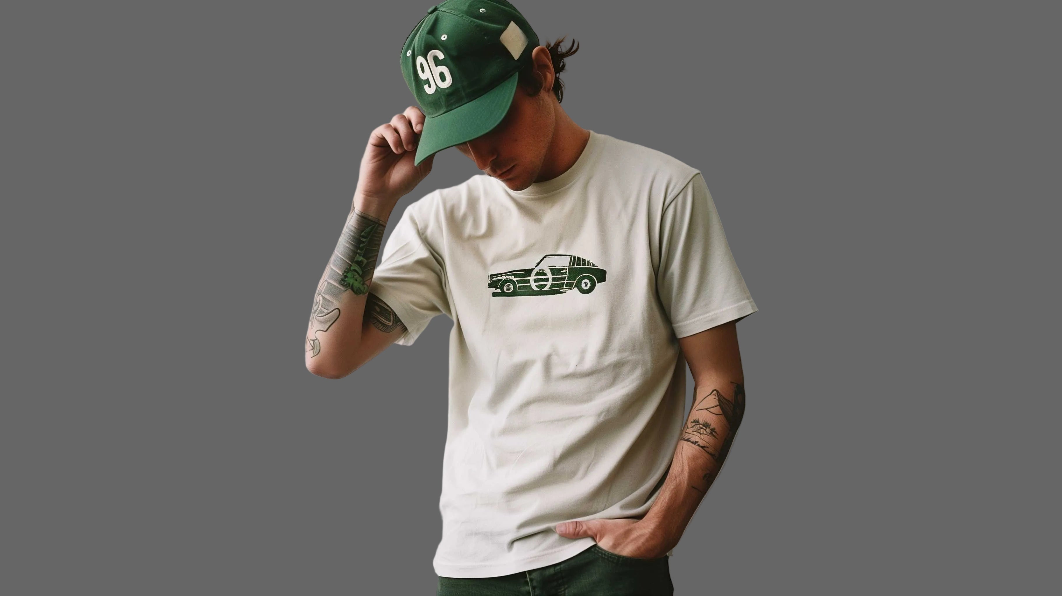 Person wearing a green cap with the number 46 and a white t-shirt on a gray background